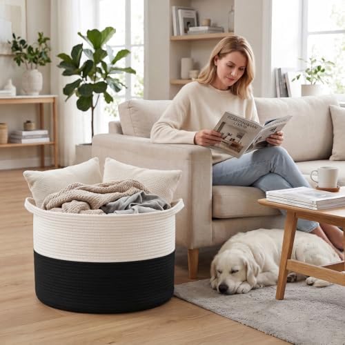 90L Extra Large Blanket Basket, Woven Laundry Basket-White&Black - Image 4