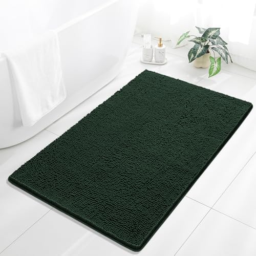 Chenille Bathroom Rug 36"x60" Dark Green, Large Plush Bath Mat by Kildoss