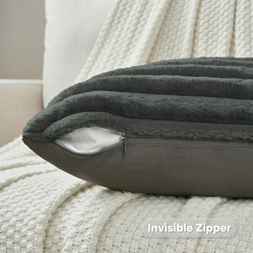 FUTEI Pack of 2 Faux Fur Throw Pillow Covers 18x18 Inch, Dark Grey - Image 3