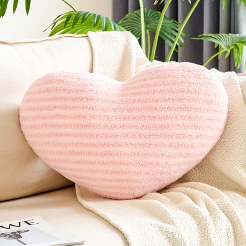 XVTRU Pink Heart Pillows, 12.9" Cute Heart Decorative Pillow, Stripe Heart by XVTRU