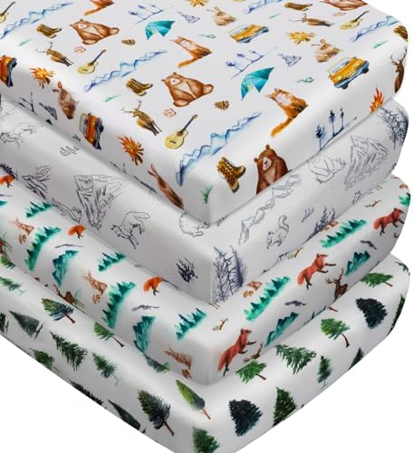 4 Pack Woodland Forest Animals Wood Neutral Unisex Fitted Baby Crib Sheets Set by Jola%27s+House