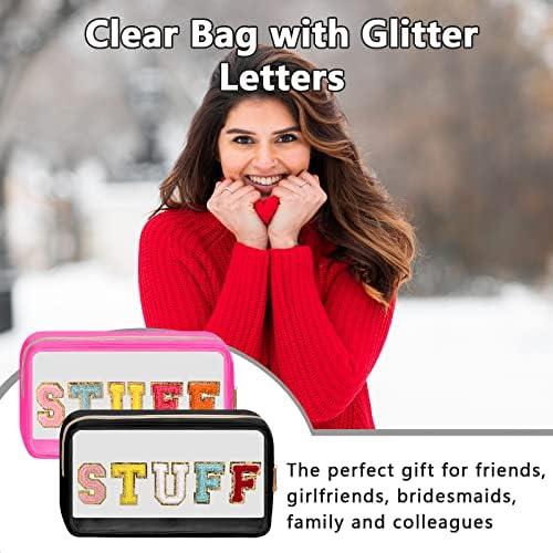 Iqimott Clear Patch Makeup Bag Stuff Pouch, Preppy Personalized Chenille Letter - Image 5