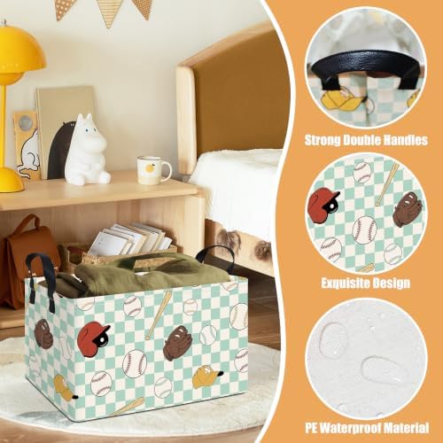 Rectangular Collapsible Storage Basket Toy Organizer Green Grid Baseball - Image 3