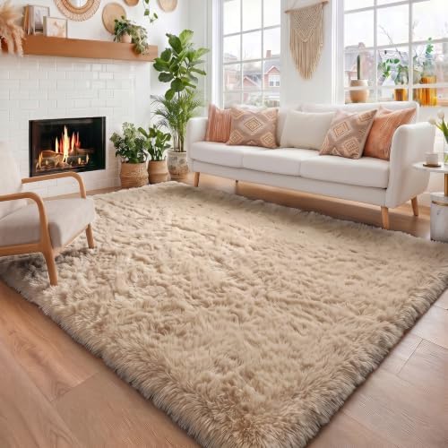 Amdrebio Beige Boho Large Fluffy Shag Area Rug 6x9 by Amdrebio