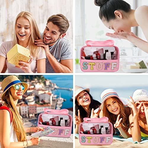 Iqimott Chenille Letter Patch Stuff Bag, Preppy Clear Makeup Cosmetic Bag Large - Image 6