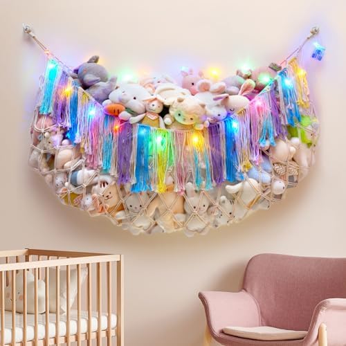 Boho Stuffed Animal Hammock, Falt Wall or Corner Hanging, Rainbow XL by MORCCO