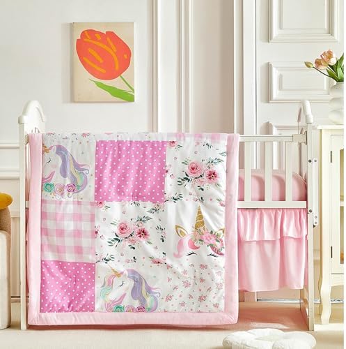 Patchwork Crib Bedding Set Unicorn Plaid Floral Design 3 Pieces Baby Girl Cute by Uozzi+Bedding