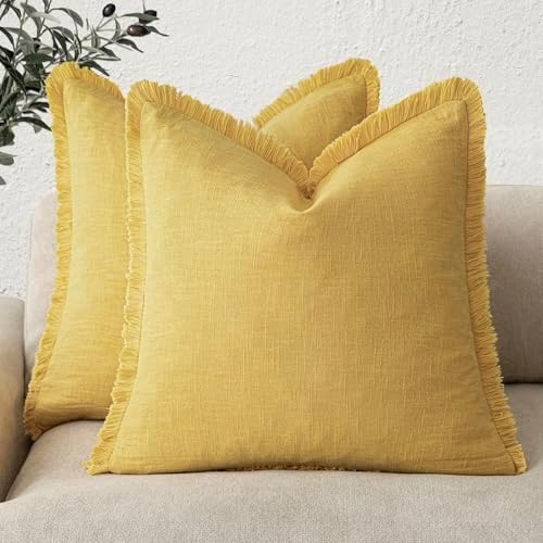 Foindtower Decorative Linen Fringe Throw Pillow Covers 20×20 Ginger Yellow by Foindtower