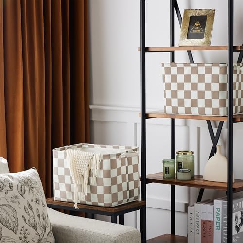Ohocut Khaki White Checkered Canvas Basket, Rectangular Organizing Decorative - Image 3