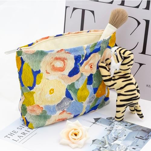 Flat Makeup Bag for Women, Zipper Cosmetic Pouch for Purse, Garden Blue - Image 2