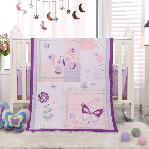 Mini Crib Bedding Set for Girls, 3 Pieces Floral Butterfly Baby Girl Bedding Set by WOWELIFE