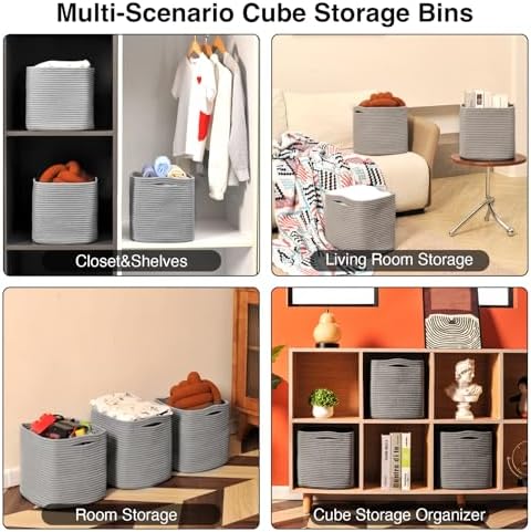 ICERZCZ 13 Inch Cube Closet Storage Bins, Woven Cotton Rope Organizer Baskets - Image 5