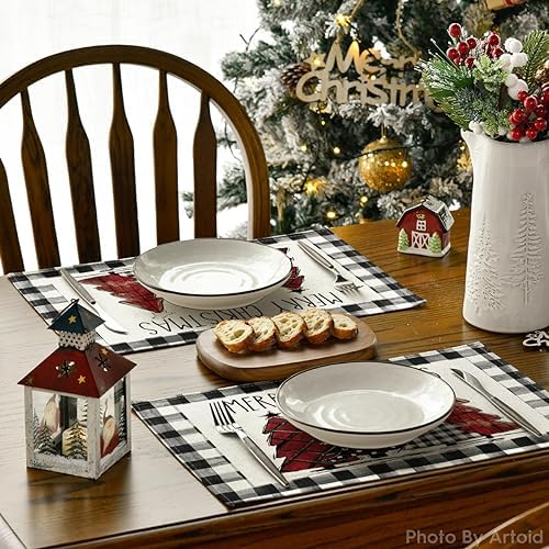 Artoid Mode Waterclor Buffalo Plaid Christmas Trees Placemats Set of 8 - Image 4