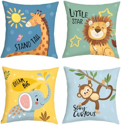 18x18 Set of 4 Kids Cartoon Animals Throw Pillow Cushion Covers by JOYMAISON