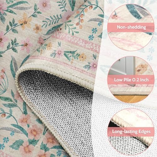 Pink Floral Round Rug 6ft, Washable Boho Circle Area Rug - Image 6