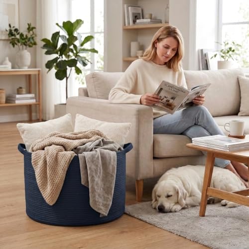 65L Large Blanket Basket, Woven Rope Laundry Basket-Dark Blue - Image 4