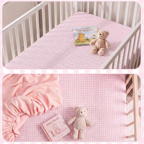 Breling 2 Pcs Muslin Pink and Pink Gingham Crib Sheets - Image 6