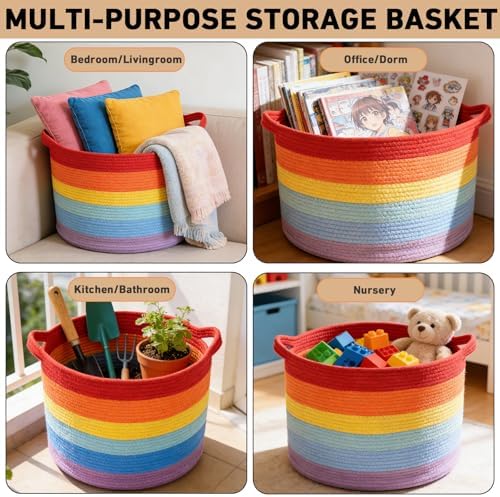 65L Large Blanket Basket, Rope Woven Laundry Basket-Rainbow - Image 6