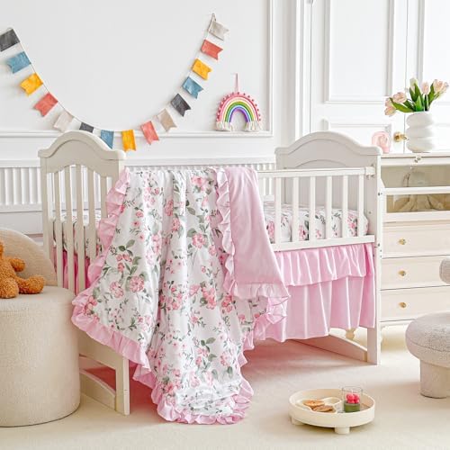 3 Pieces Pink Rose Flowers Crib Bedding Set Baby Ruffled Quilted Comforter - Image 4