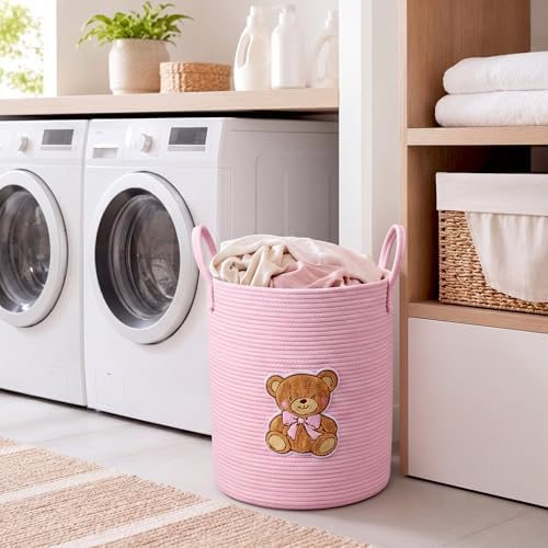 LemonRoad Pink Bear Laundry Hamper Large Cotton Rope Storage Basket - Image 2