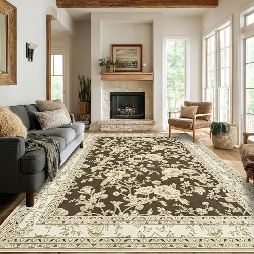 Large Rugs 8x10 for Living Room Low Pile Modern Rug Brown Floral Pattern - Image 6