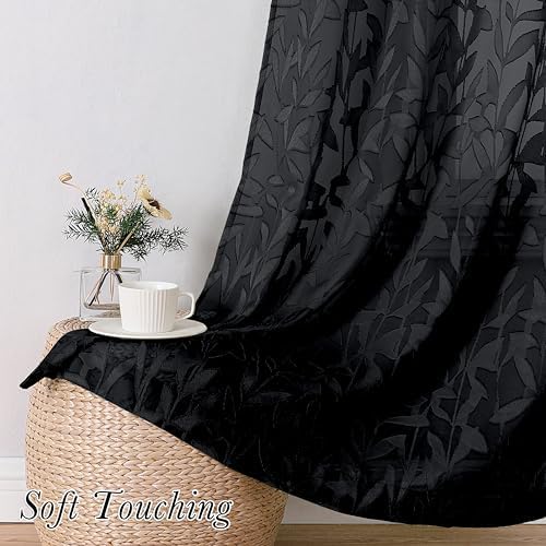 Lecloud Leia Black Sheer Curtains 72 Inches Long 2 Panels, Jacquard Leaf - Image 4
