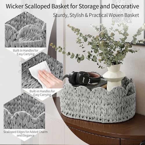 Coeusy Wicker Scalloped Basket Set of 2, Woven Storage Baskets - Image 6