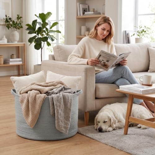 90L Extra Large Blanket Basket, Woven Rope Laundry Basket-Light Grey - Image 4