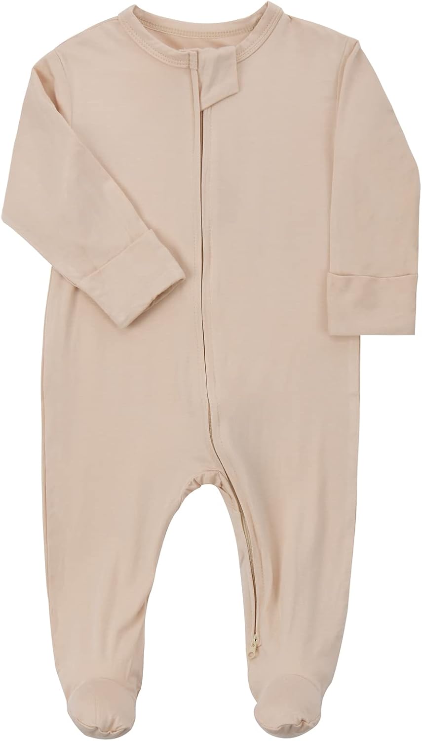 Aablexema Baby Zipper Pajamas Bamboo Rayon, 3pcs Unisex Infant Onesie with Mitten Long Sleeve Footed Pjs