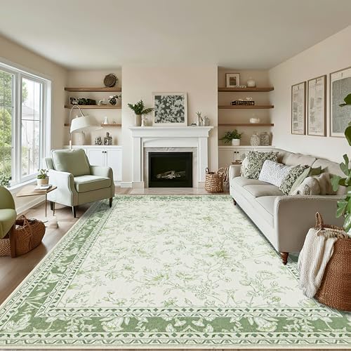 Sage Green Area Rugs 10x12 Boho Washable Soft Floral Rug by BILEEHOME
