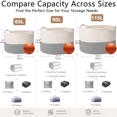 90L Extra Large Blanket Basket, Woven Rope Laundry Basket-White&Grey - Image 2