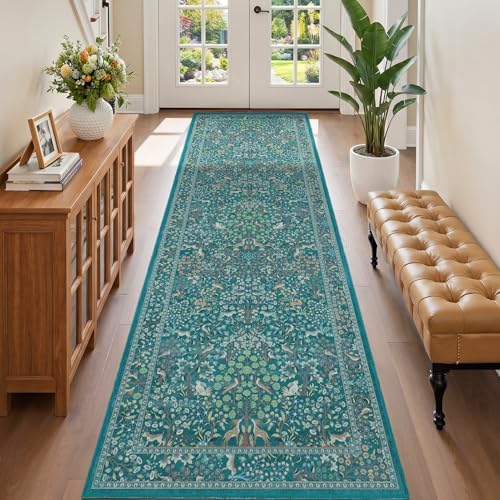 Teal Woodland 2.6x8 Runner Rug for Hallways Non Slip, Low Pile Thin Washable - Image 3