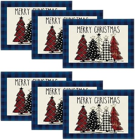Artoid Mode Blue Waterclor Buffalo Plaid Christmas Trees Placemats Set of 6 by ArtoidMode