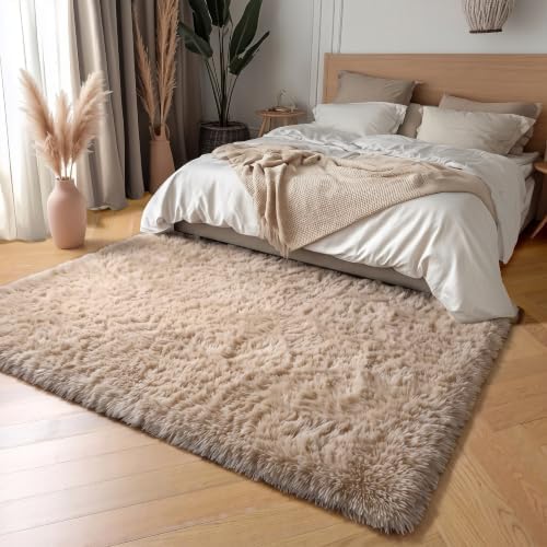 Amdrebio Beige Boho Fluffy Area Rug 5x8 - Image 3
