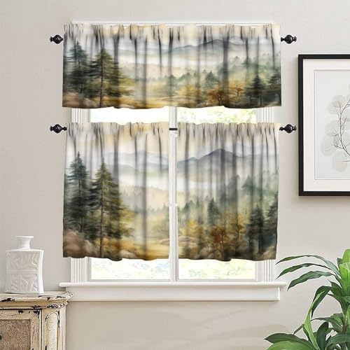 Forest Valance Curtain for Kitchen, Watercolor Mountain Forest Nature Tree - Image 3