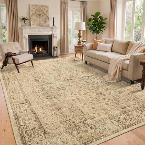 Neutral Tan Rugs for Living Room 8x10, Low Pile Thin Washable Area Rug for by Jainmy