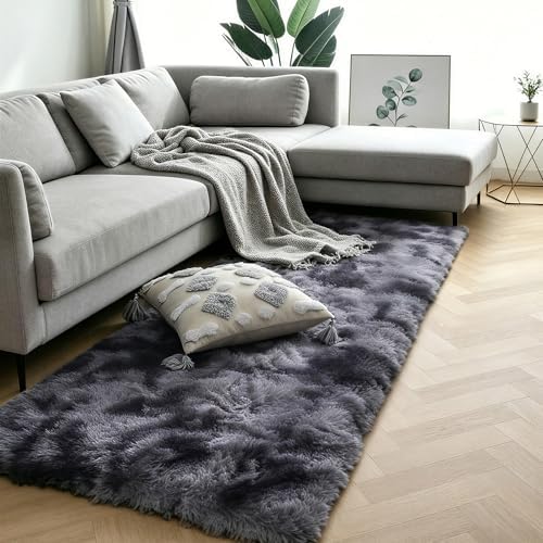 Tie-Dye Dark Grey Shag Runner Rug, Washable Non Slip Fluffy Carpet - Image 2