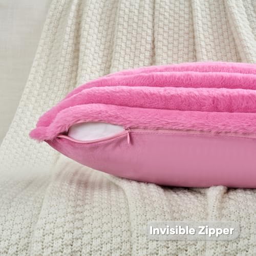 FUTEI Pack of 2 Faux Fur Throw Pillow Covers 16x16 Inch, Hot Pink - Image 3