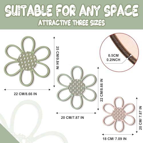 Maitys Boho Wall Decor Set of 3, Wood & Rattan Daisy Flower Wall Hanging Art - Image 2