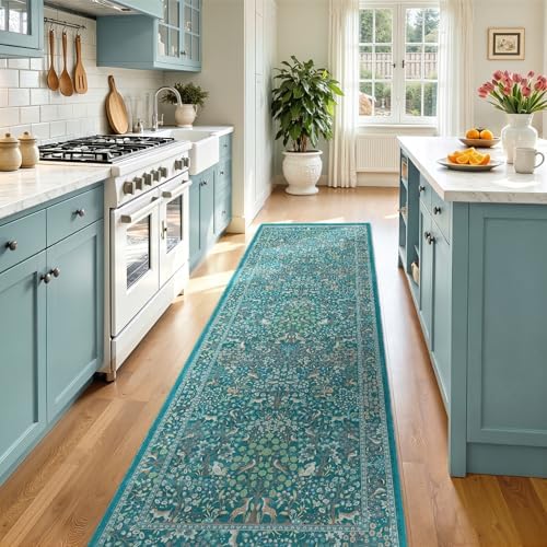 Teal Woodland 2.6x8 Runner Rug for Hallways Non Slip, Low Pile Thin Washable by Jainmy