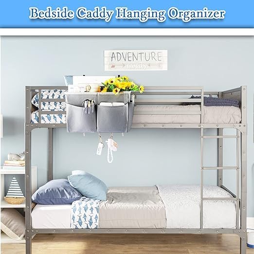 Bedside Caddy Organizer 5 Pockets 4 Hooks Bunk Bed 2Pack Grey - Image 3