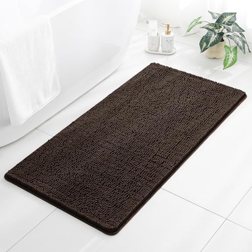 Chenille Bathroom Rug 26"x44" Brown, Non-Slip Plush Bath Mat by Kildoss