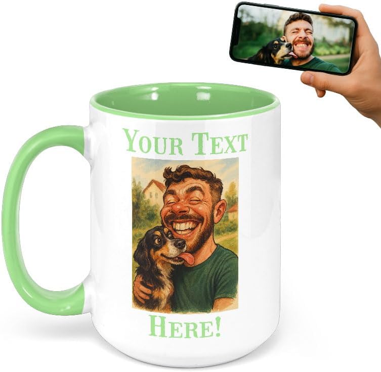 Personalized Coffee Mug, Custom Photo Caricature Gift, Funny Customized Coffee Gift for Men & Women, Custom Mugs with Pictures, Light Green 15oz Customized Ceramic Tea Cup