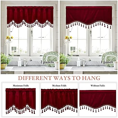 StangH Red Tassel Christmas Velvet Valances Curtains 52x18 Inch, 2 Panels - Image 5