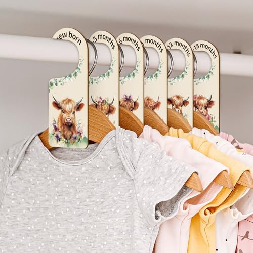 Whaline 8 Pcs Baby Closet Size Dividers Watercolor Highland Cow Hanging Wood - Image 6