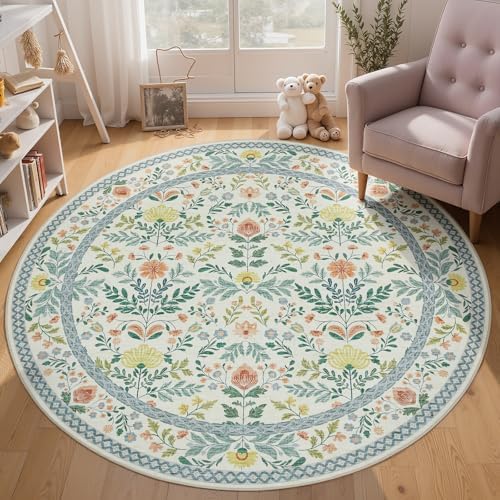 Joydeco Boho Floral Machine Washable Round Rugs 6ft, Circular Indoor Carpet by JOYDECO
