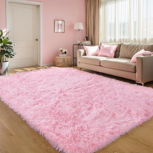 6x9 Pink Shag Rug for Girls Bedroom, Soft Plush Fluffy Carpet by KICHOWUA