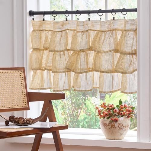 jinchan Ruffled Valance Curtain 18 Inch Farmhouse Sheer 1 Panel Taupe - Image 4