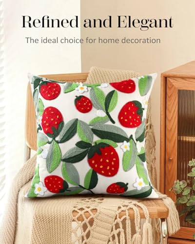 Embroidered Throw Pillow Cover, 18x18 Inch, Strawberry Leaves - Image 5