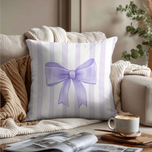 Lilac Bow Decorative Throw Pillow 18x18 Inch – Cute Blush Pink Striped Pillow - Image 3